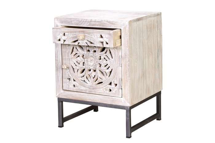 GINER Y COLOMER - Table de chevet ou table d'appoint avec 1 porte et 1 tiroir en bois de manguier massif et pieds métal, finition blanc vieilli et gris, 56 x 40 x 35 cm